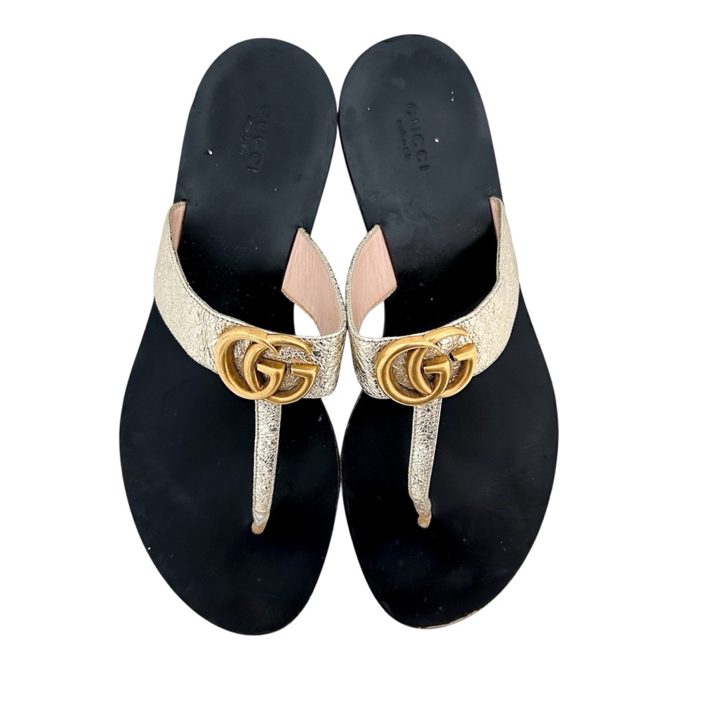 Gucci Marmont GG Thong Sandals EU 41 US 11 Gold Leather Slip On Flip Flop Flat - Picture 2 of 9